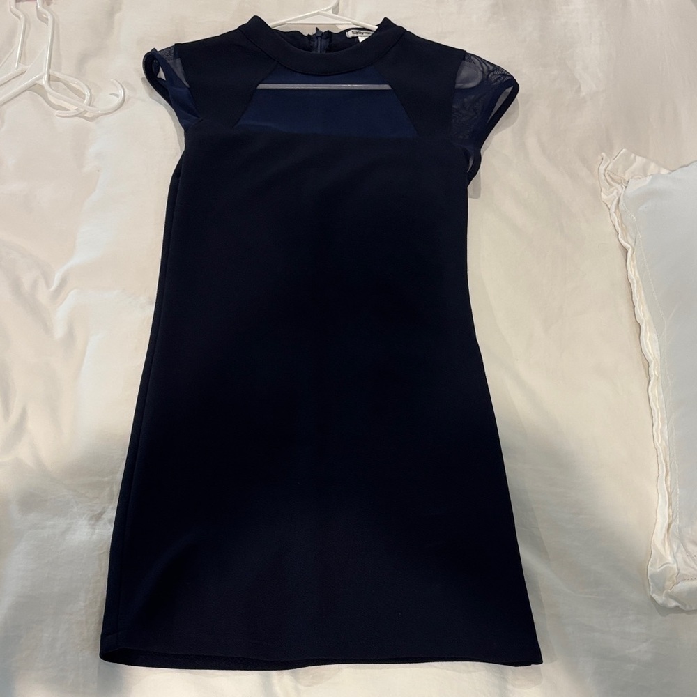 Navy Sallymiller formal mini dress with mesh neck and sleeves worn once!